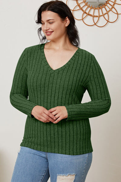 Basic Bae Full Size Ribbed V-Neck Long Sleeve T-Shirt *