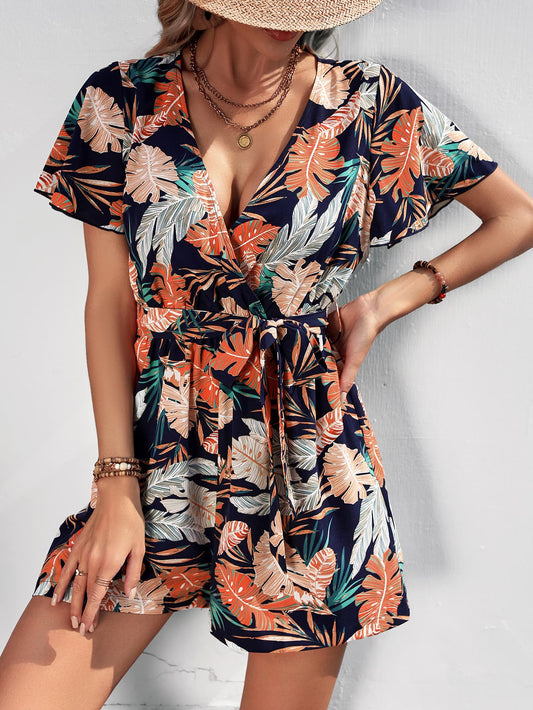 Women's Botanical Print Surplice Neck Tie Waist Romper