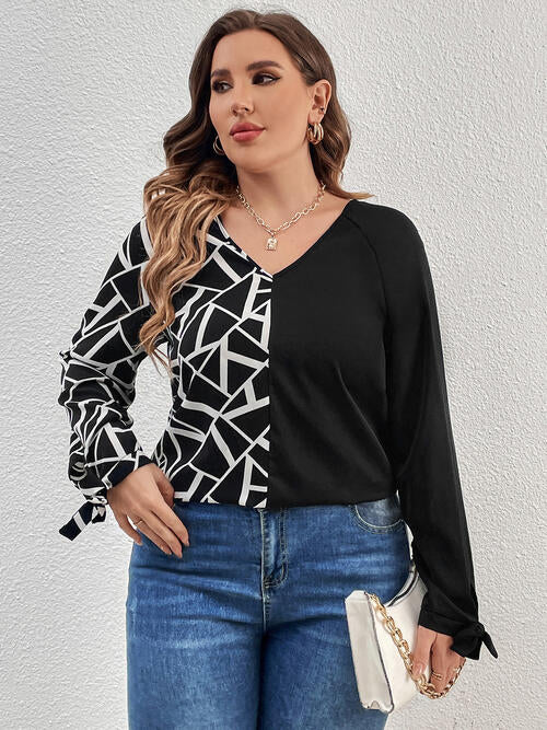 Plus Size Geometric V-Neck Long Sleeve T-Shirt