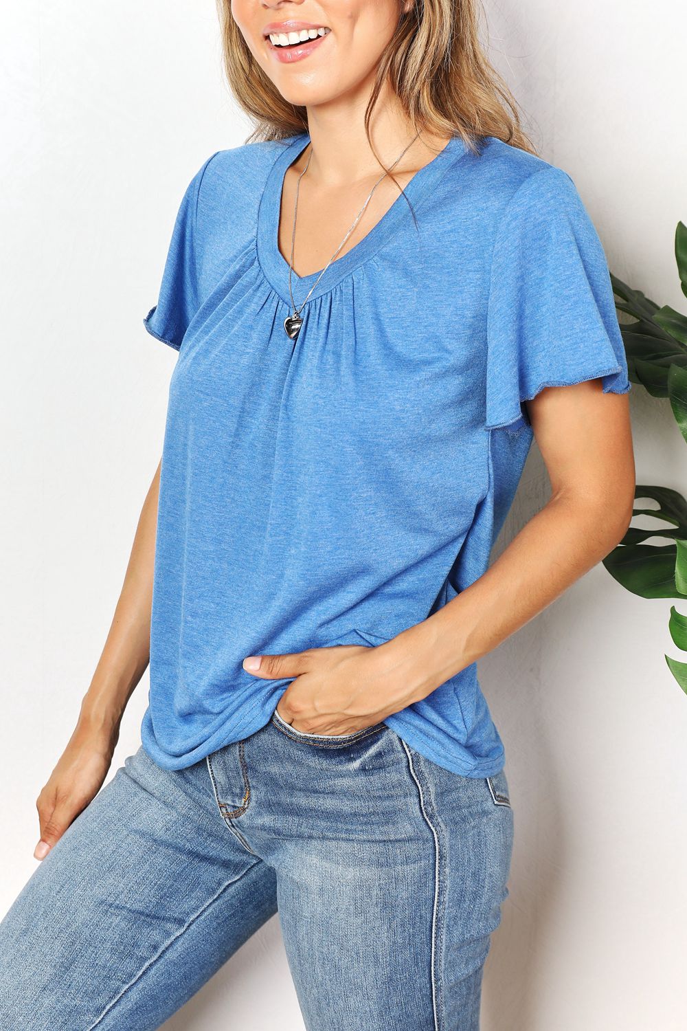 Full Size Double Take Ruched V-Neck Short Sleeve T-Shirt *