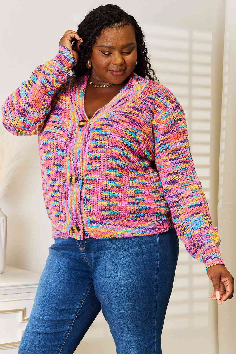 Woven Right V-Neck Long Sleeve Cardigan *