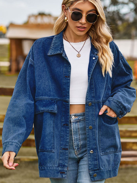 Outer Adventure Full Size Dropped Shoulder Denim Jacket with Pockets