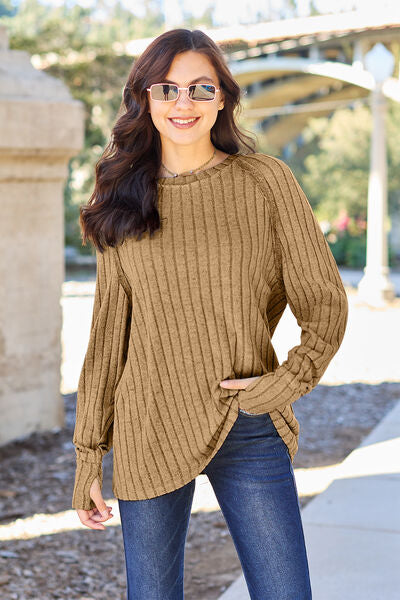 Basic Bae Full Size Ribbed Round Neck Long Sleeve Knit Top *