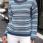 LoveByHannah Striped Round Neck Azure Long Sleeve Sweater