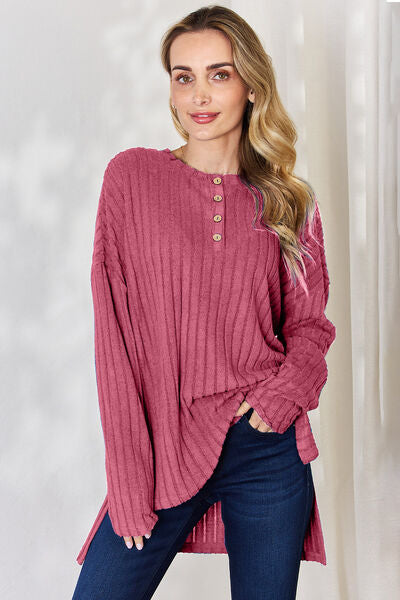Basic Bae Full Size Ribbed Half Button Long Sleeve High-Low T-Shirt *