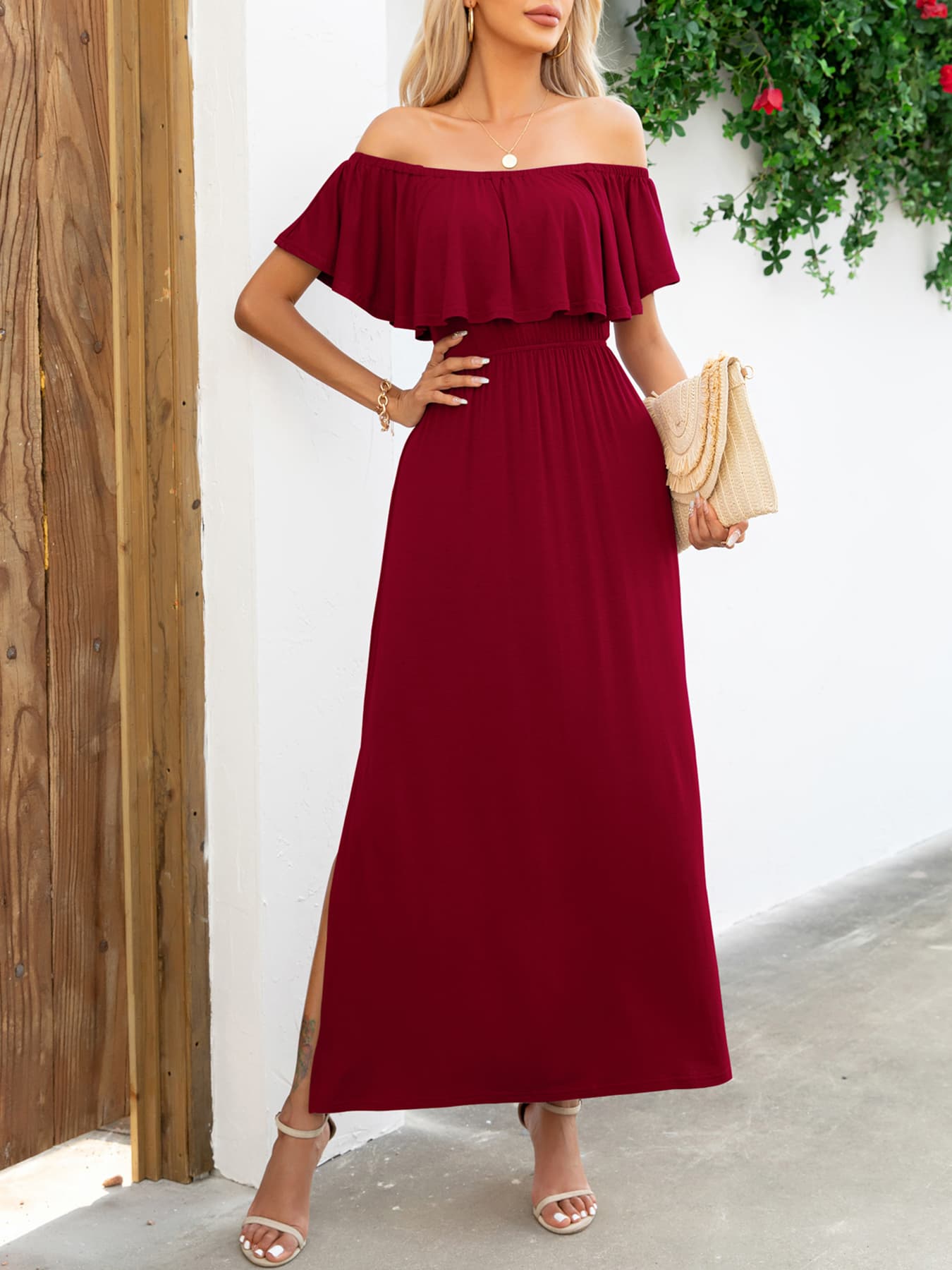 OCEANSIDE Full Size Off-Shoulder Slit Maxi Dress