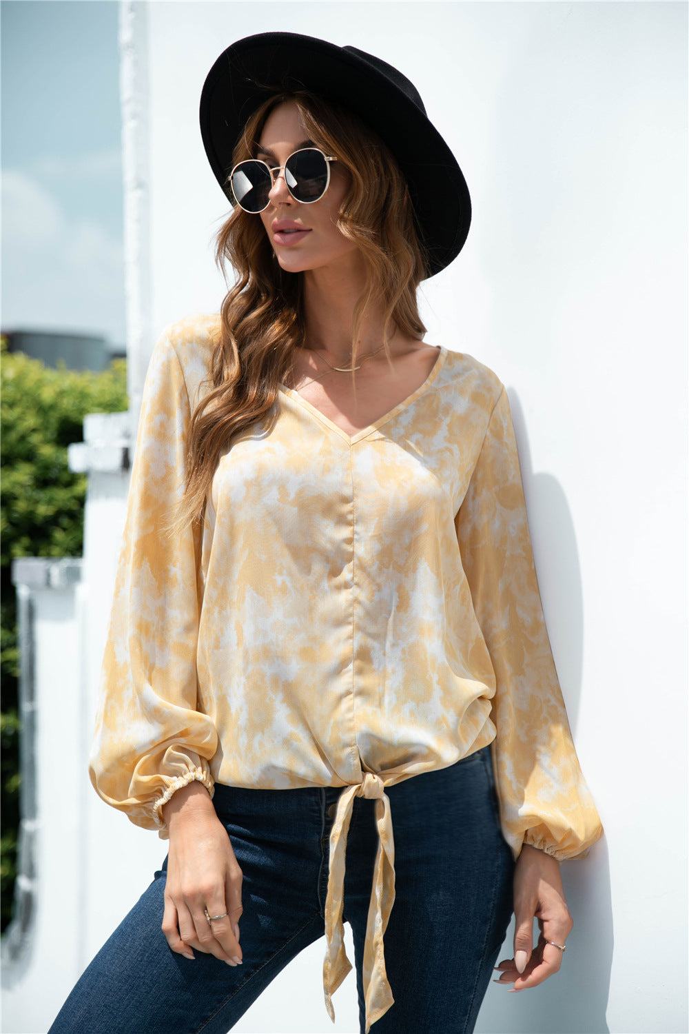 KENZIEMEA Tie-Dye Tied Balloon Sleeve Blouse