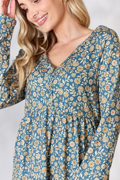 Heimish Full Size Floral Half Button Long Sleeve Blouse *