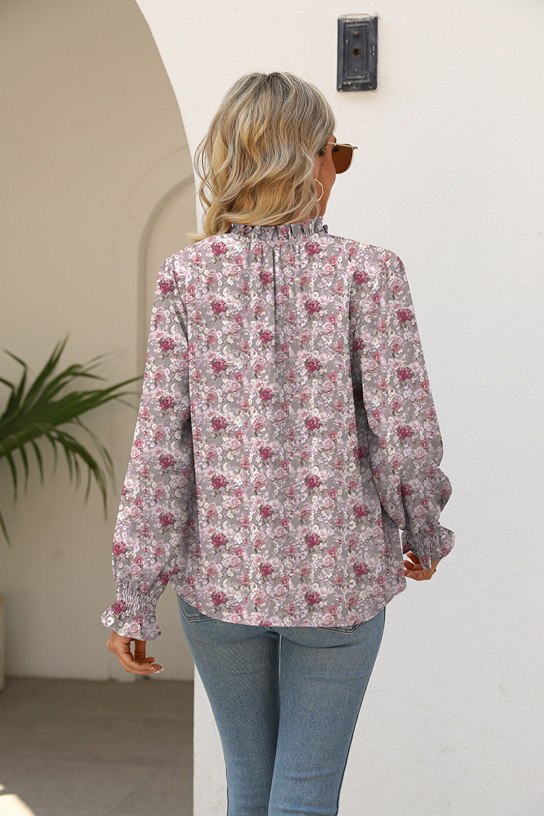 Full Size Printed Tie Neck Flounce Sleeve Blouse