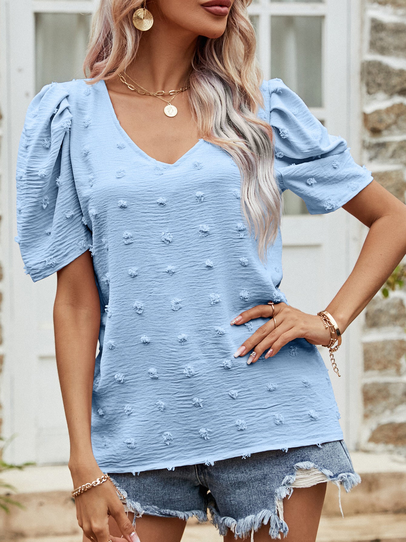 Women's Swiss Dot Short Puff Sleeve Top