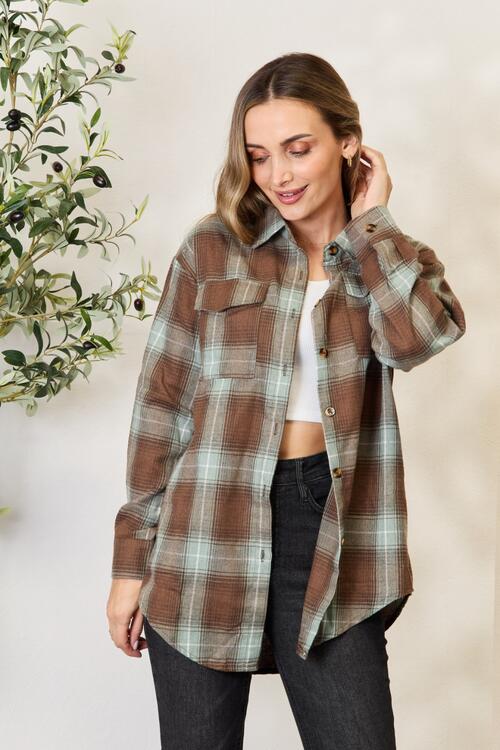 Double Take Plaid Dropped Shoulder Shirt *
