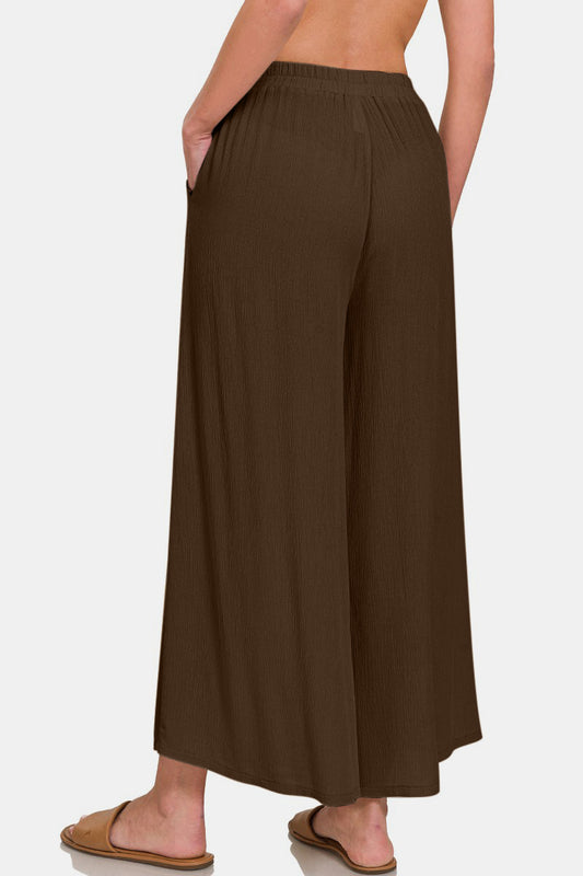Zenana Woven Wide Leg Pants With Pockets- Brand Zenana
