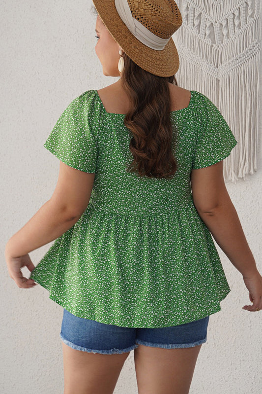 Plus Size Ditsy Floral Flutter Sleeve Peplum Blouse