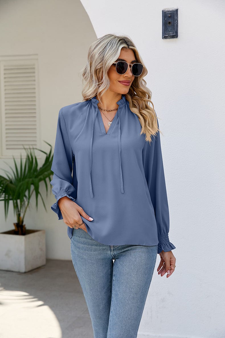 Full Size Tie Neck Flounce Sleeve Blouse