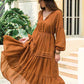 Amelia Tie Neck Long Sleeve Midi Tiered Dress