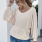 Boat Neck Waffle-knit Lantern Sleeve Blouse with Pocket
