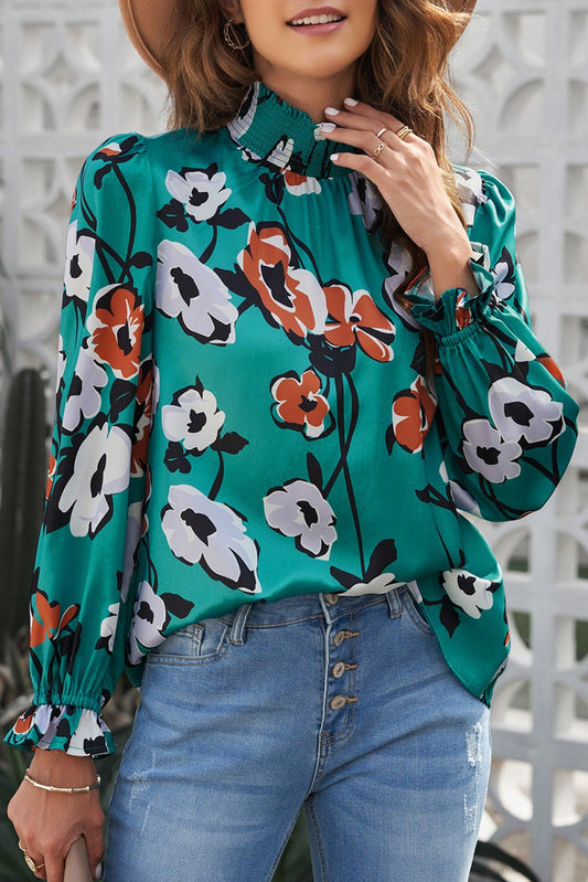 Women's Floral Smocked Mock Neck Flounce Sleeve Blouse