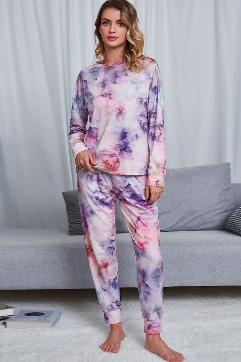 Women's Tie-Dye Crewneck Top and Drawstring Waist Joggers Lounge Set