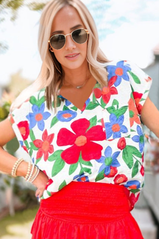 Women's Floral V-Neck Short Sleeve Top