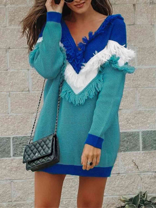 KnittedEmporium Color Block Fringed V-Neck Sweater