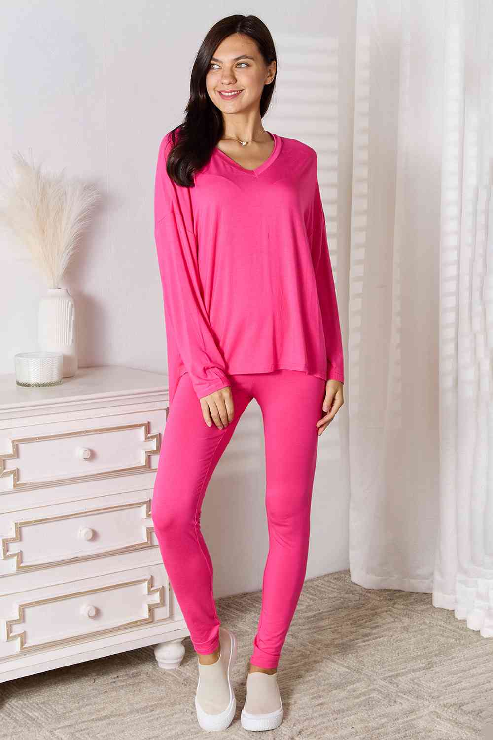 Basic Bae Full Size V-Neck Soft Rayon Long Sleeve Top and Pants Lounge Set *