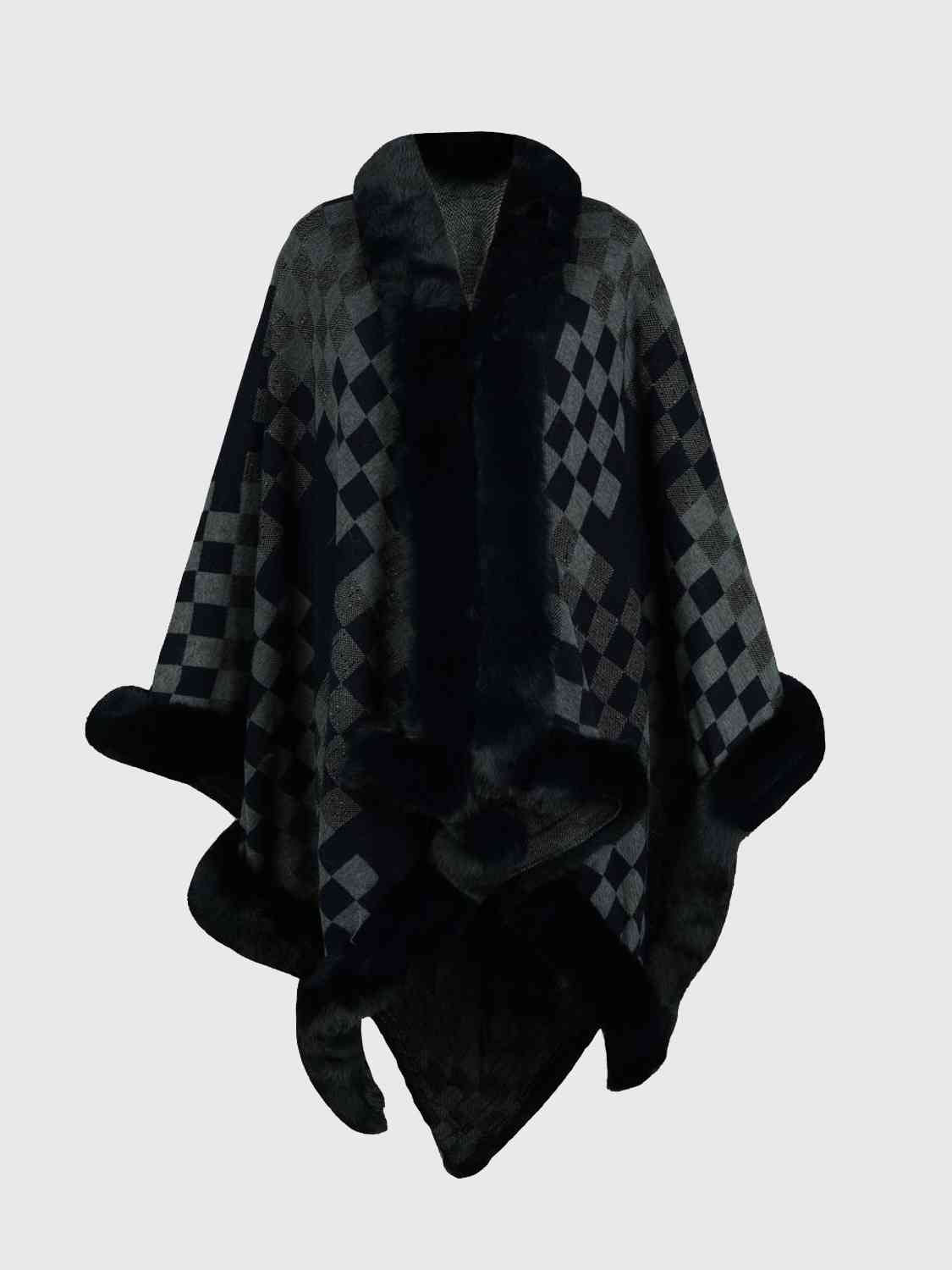 Savannah Jay One Size Checkered Faux Fur Trim Poncho