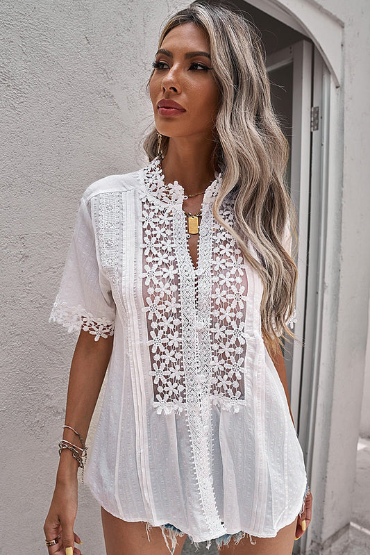 PrettyMe Full Size Crochet Hollow-out Lace Splicing Top