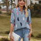 Full Size Printed Roll-Tab Sleeve Notched Neck Blouse