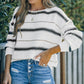 Full Size Striped Drop Shoulder Ribbed Cuff Sweater