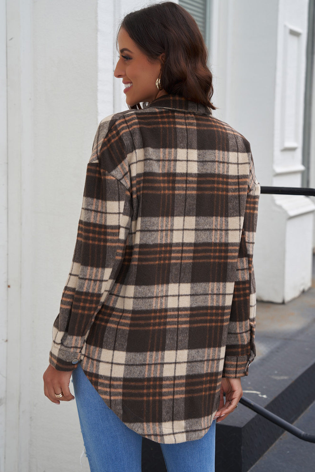 Aaarti&Destiny Full Size Plaid Curved Hem Dropped Shoulder Longline Shirt Jacket