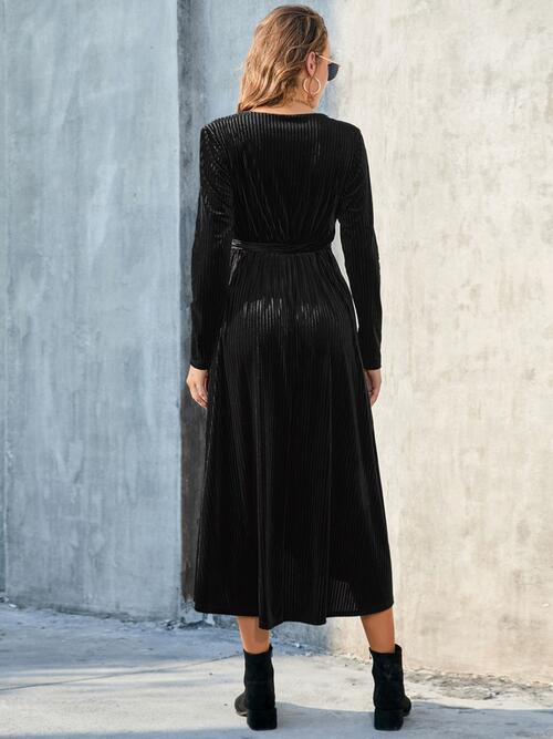 OhSoMidi Tie Front Long Sleeve Slit Dress