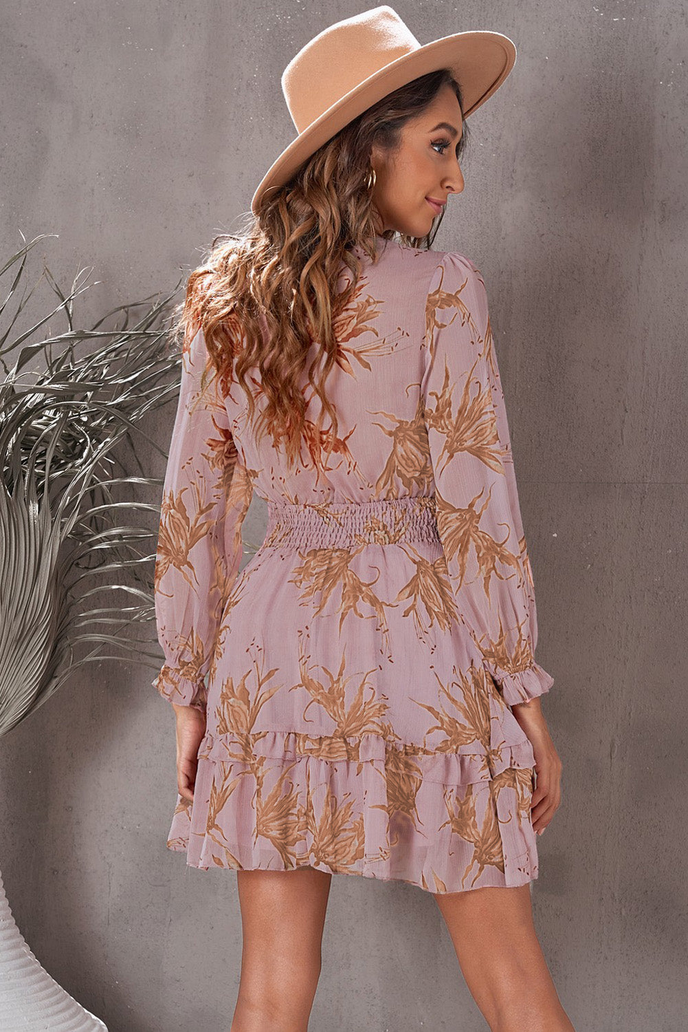 Women's Floral Deep V Flounce Sleeve Mini Dress