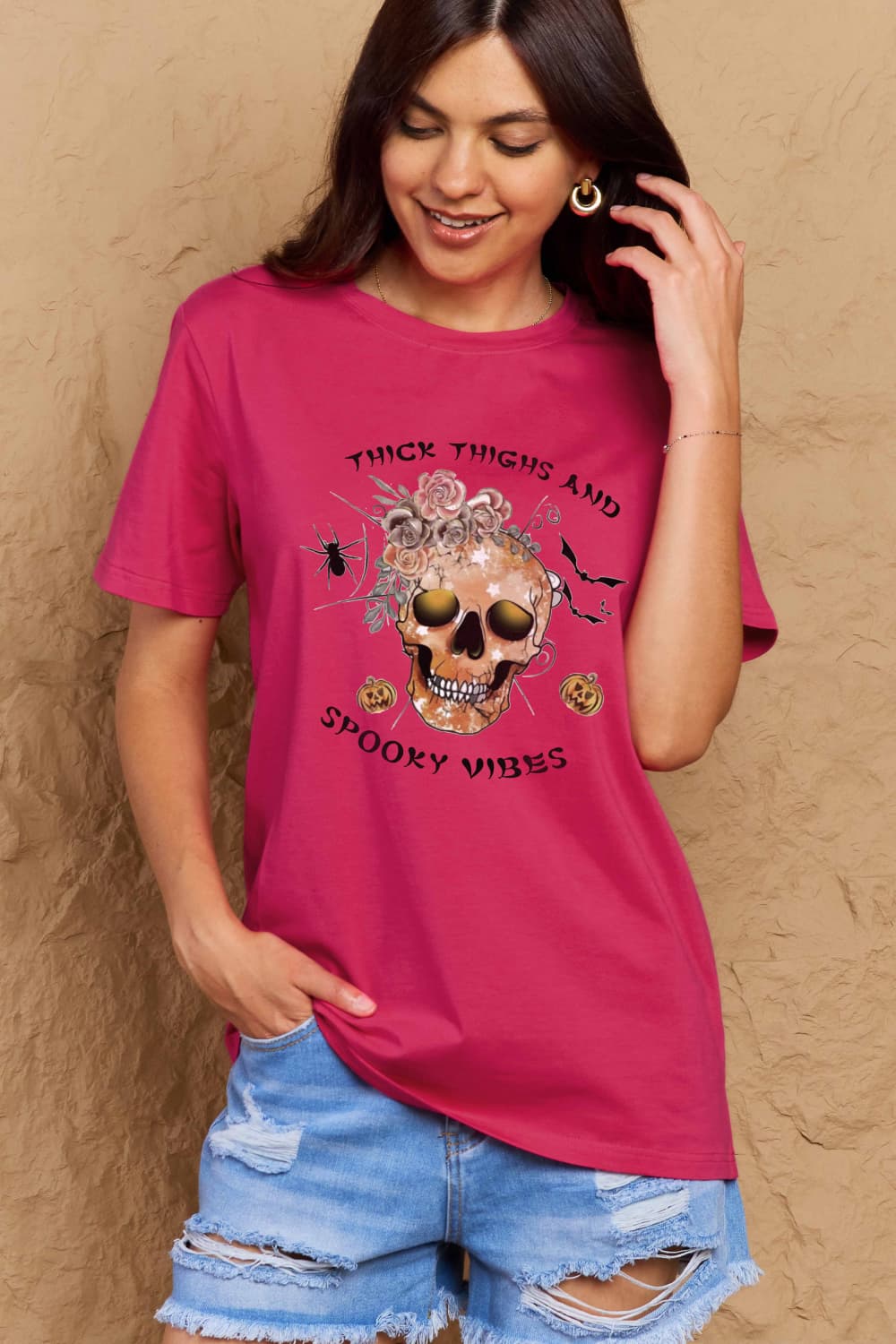 Simply Love Full Size Halloween THICK THIGHS AND SPOOKY VIBES Graphic Cotton T-Shirt