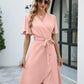 Full Size Tie Waist Flutter Sleeve Surplice Dress