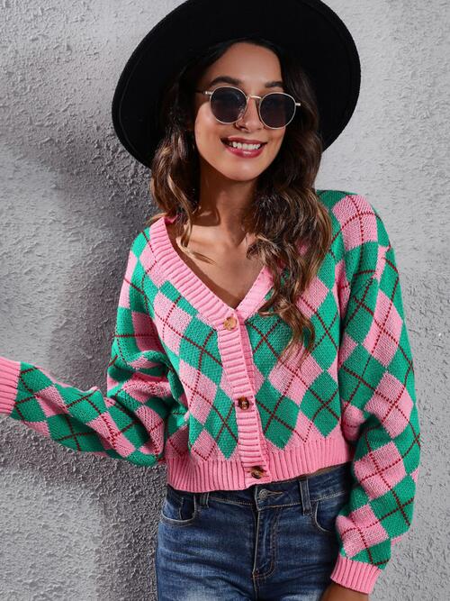 Fashion Mood Geometric Button Up Long Sleeve Cardigan