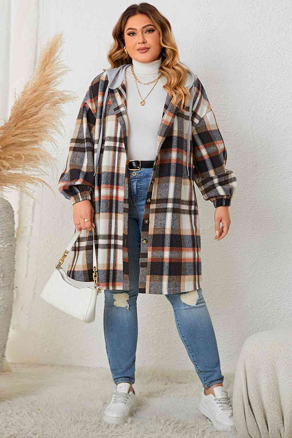 Adrien Planet Black Plus Size Plaid Drop Shoulder Hooded Coat