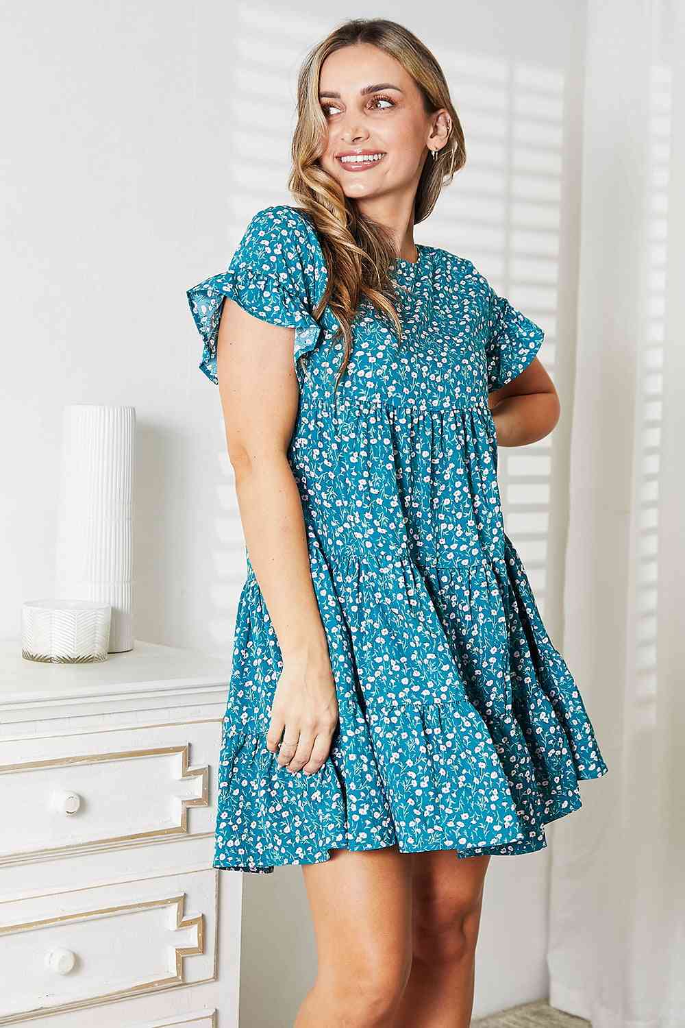 Double Take Short Flounce Sleeve Tiered Dress *