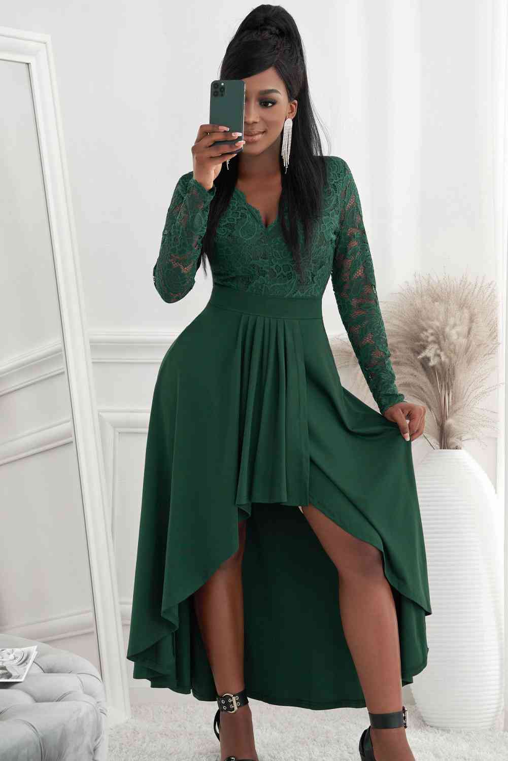 Full Size Lace High-Low V-Neck Dress