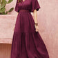 Openwork V-Neck Flare Sleeve Ruched Dress