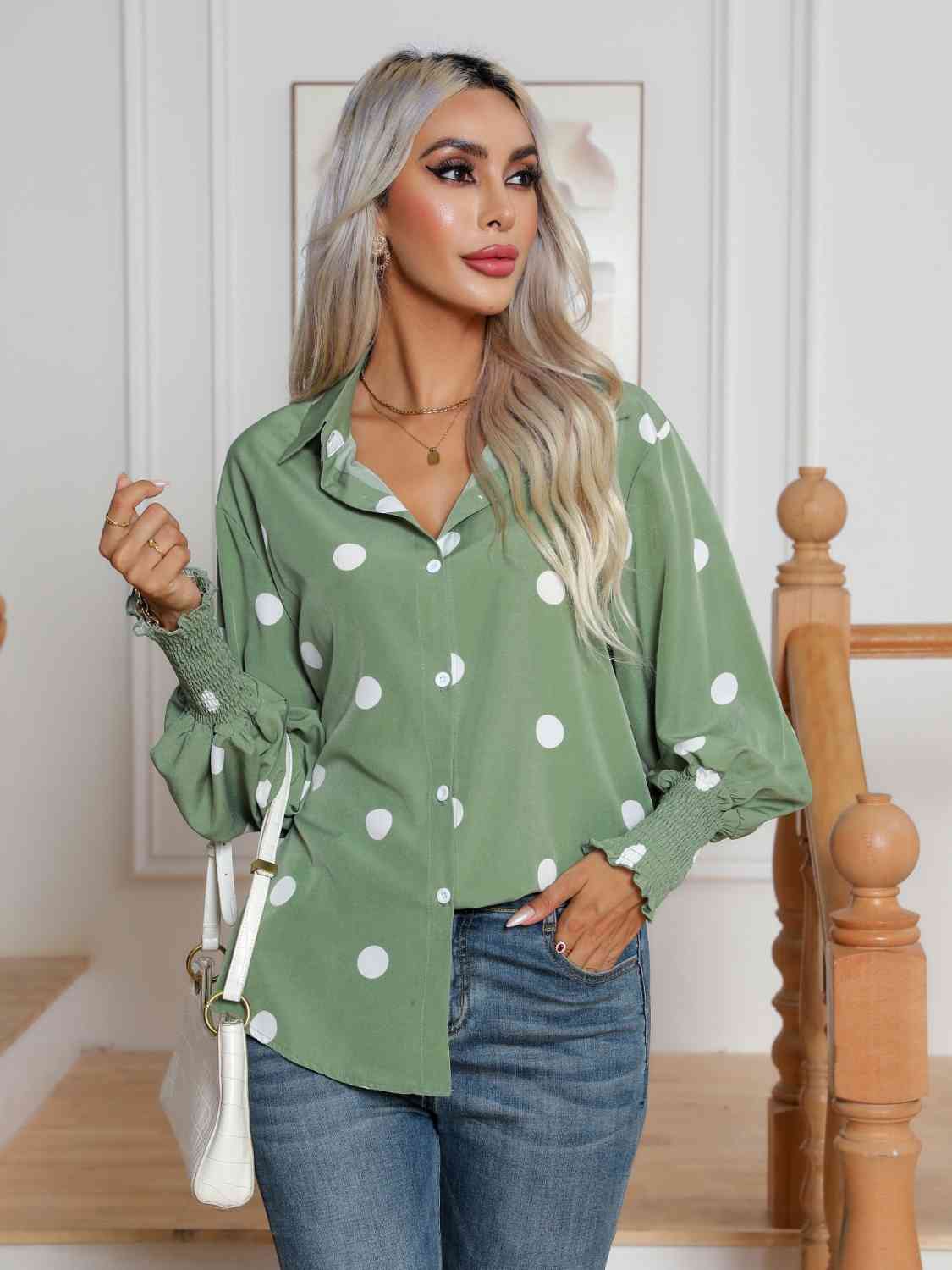 Light Green Polka Dot Collared Neck Buttoned Lantern Sleeve Shirt