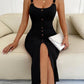 Ribbed Slit Decorative Button Cami Dress