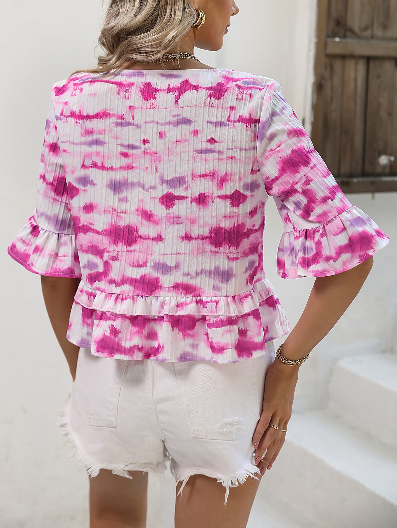 SO BOHO Tie-Dye V-Neck Peplum Top