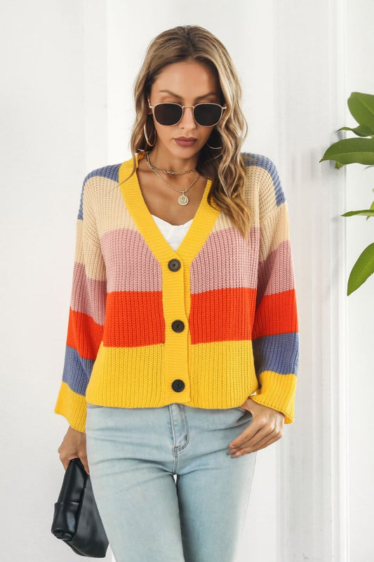 ZeldaMarie Color Block Button-Down Dropped Shoulder Cardigan