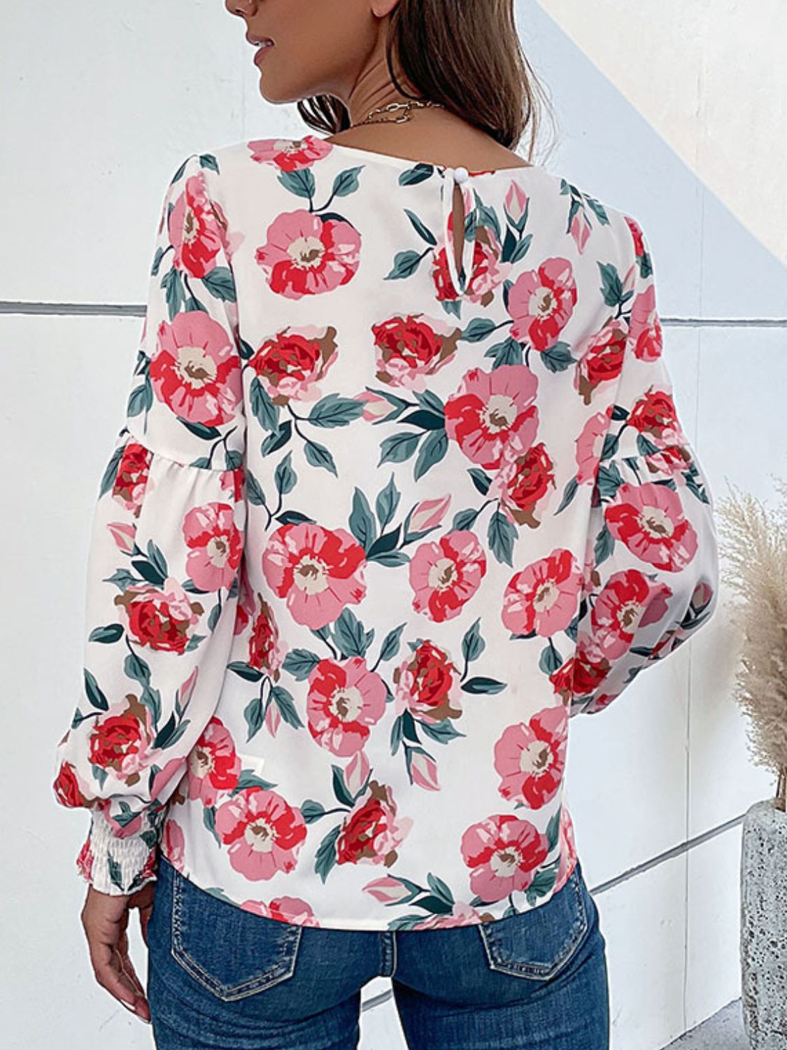 Women's Floral Long Puff Sleeve Round Neck Blouse