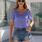 Decorative Button Round Neck Cold Shoulder T-Shirt