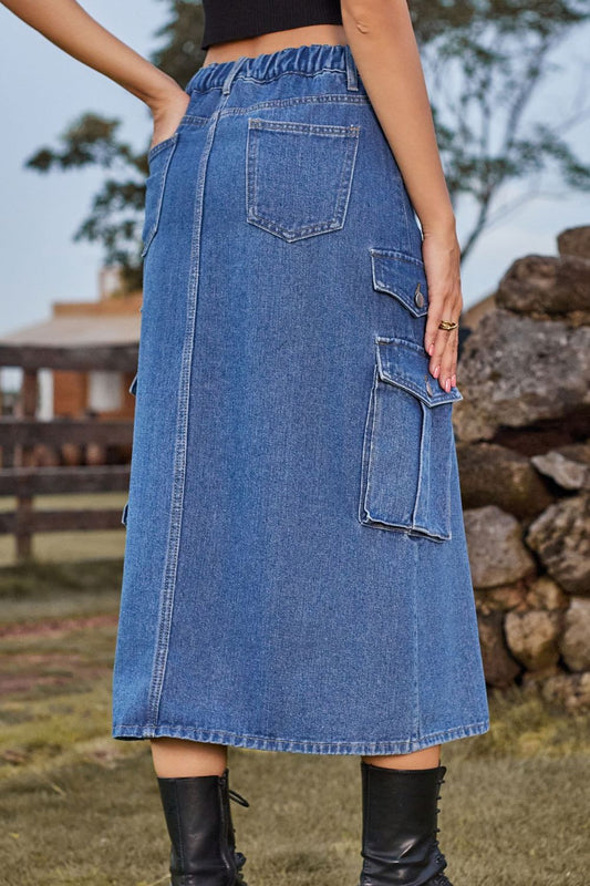Full Size Slit Front Midi Denim Skirt with Pockets