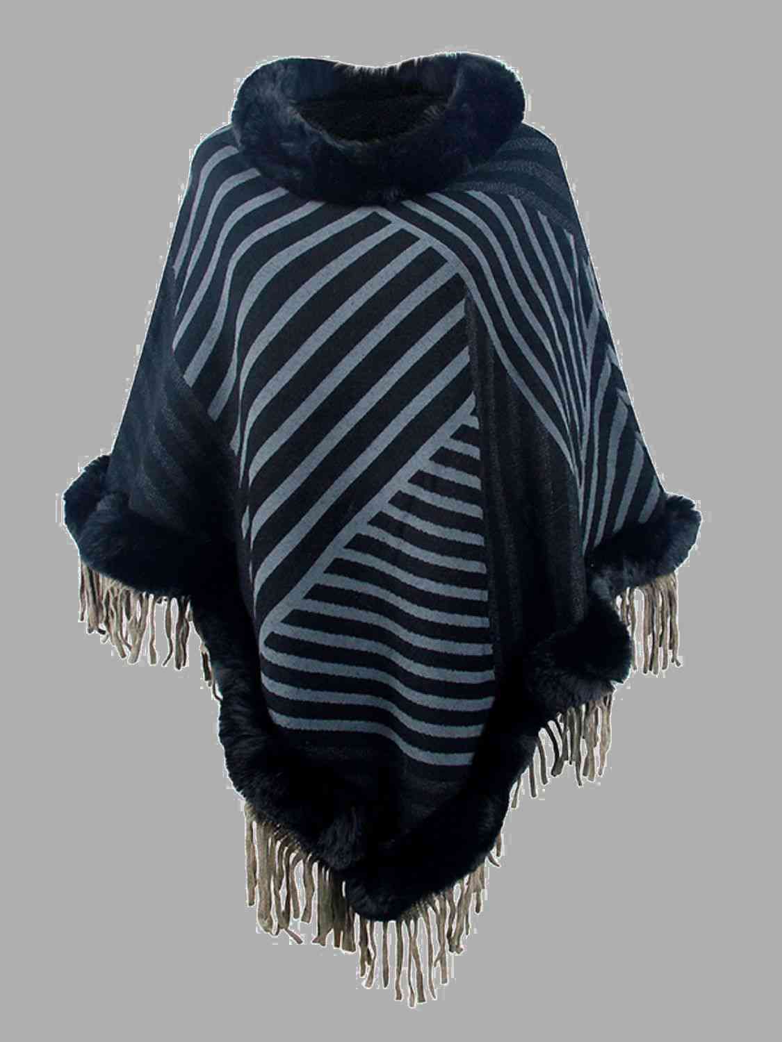 Contrasting Beauty One Size Striped Fringe Hem Poncho