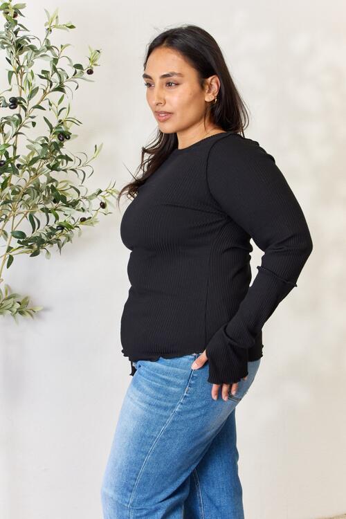 Culture Code Full Size Ribbed Round Neck Long Sleeve Top *