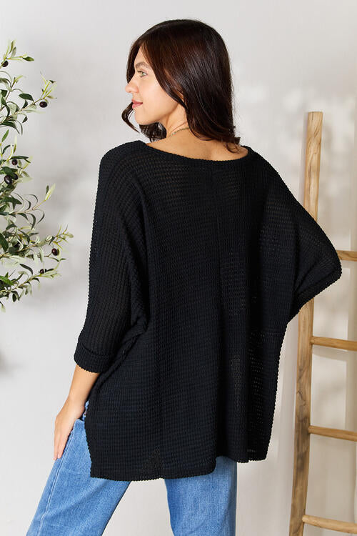 Zenana Full Size Round Neck High-Low Slit Knit Top *