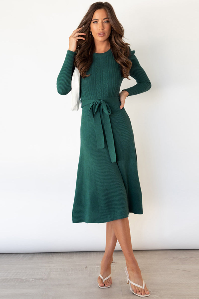 Full Size Round Neck Long Sleeve Tie Waist Sweater Dress